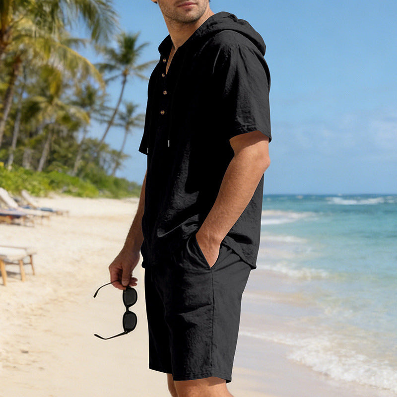 Mens Loose, Breathable Linen Hooded Casual Set