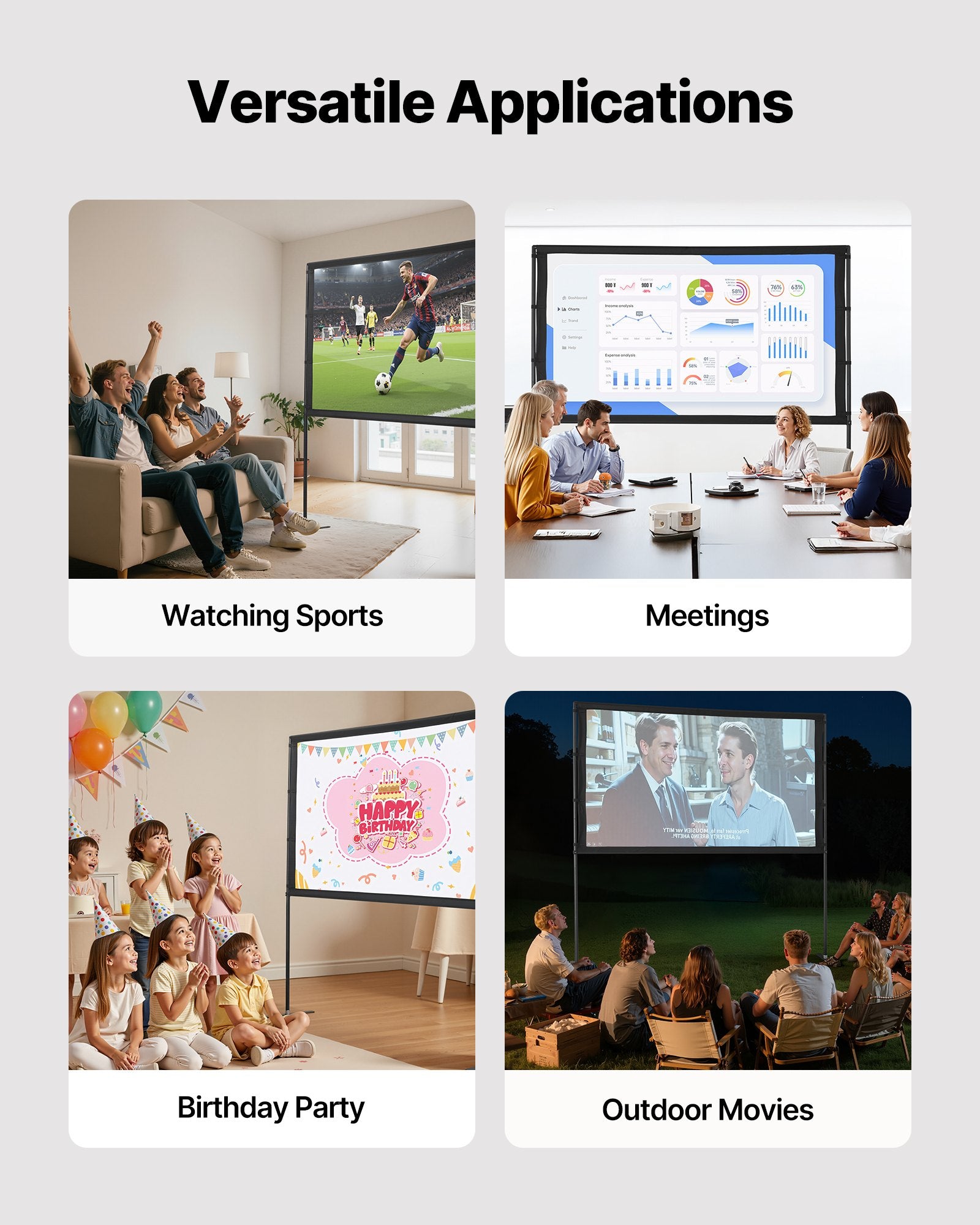 Projector Screen With 2 Stands 80 Inch 160° Wide Angle 4K HD 16:9 Movie Screen