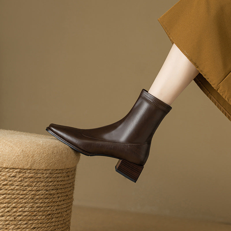 Leather Skinny Square Toe Mid-heel Autumn And Winter Knee-high Martin Boots